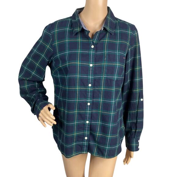 Tommy Hilfiger Green Blue Plaid Flannel Button Down Shirt SZ M - Picture 1 of 7